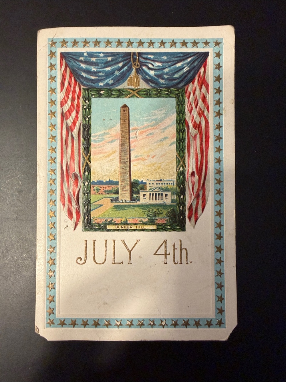 Vintage 1910 Embossed Postcard Bunker Hill 4th of July
